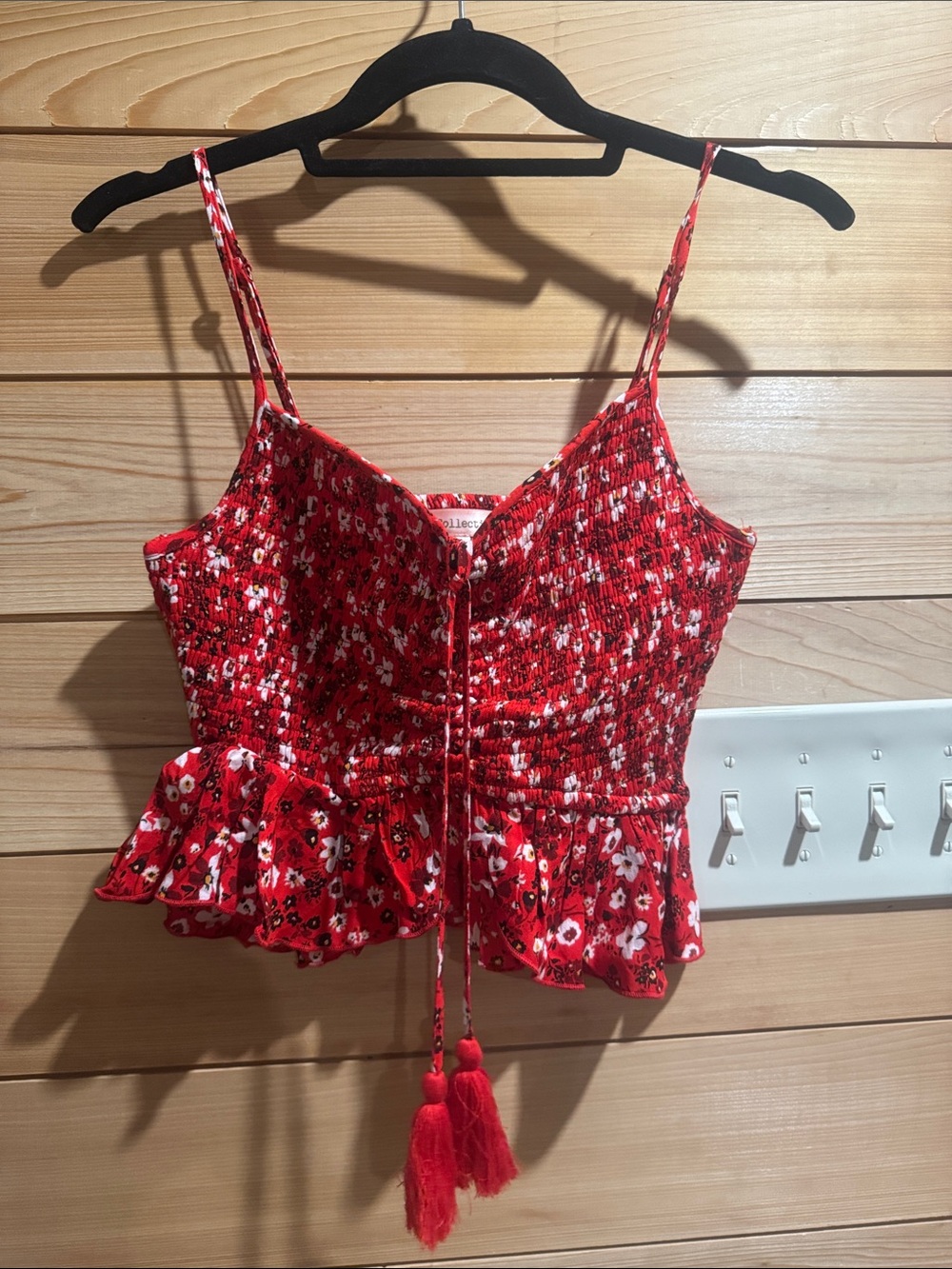 Red Floral Smocked Peplum Cami with Tassel Tie